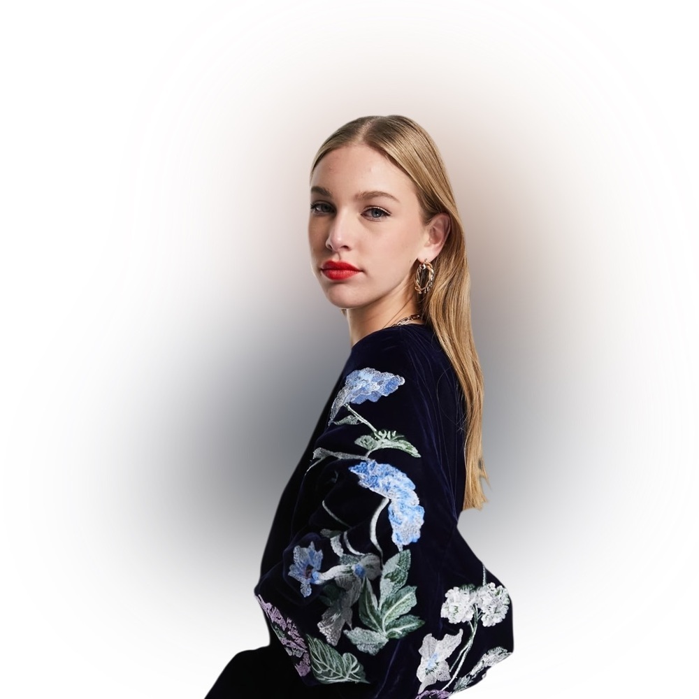 ASOS Navy Velvet Floral Embroidered Midi Dress Boho Luxe Long Sleeve Size 0 - Picture 5 of 14
